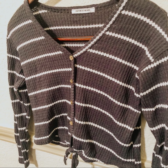 Striped Crop Tie Long Sleeve Top - Picture 2 of 3